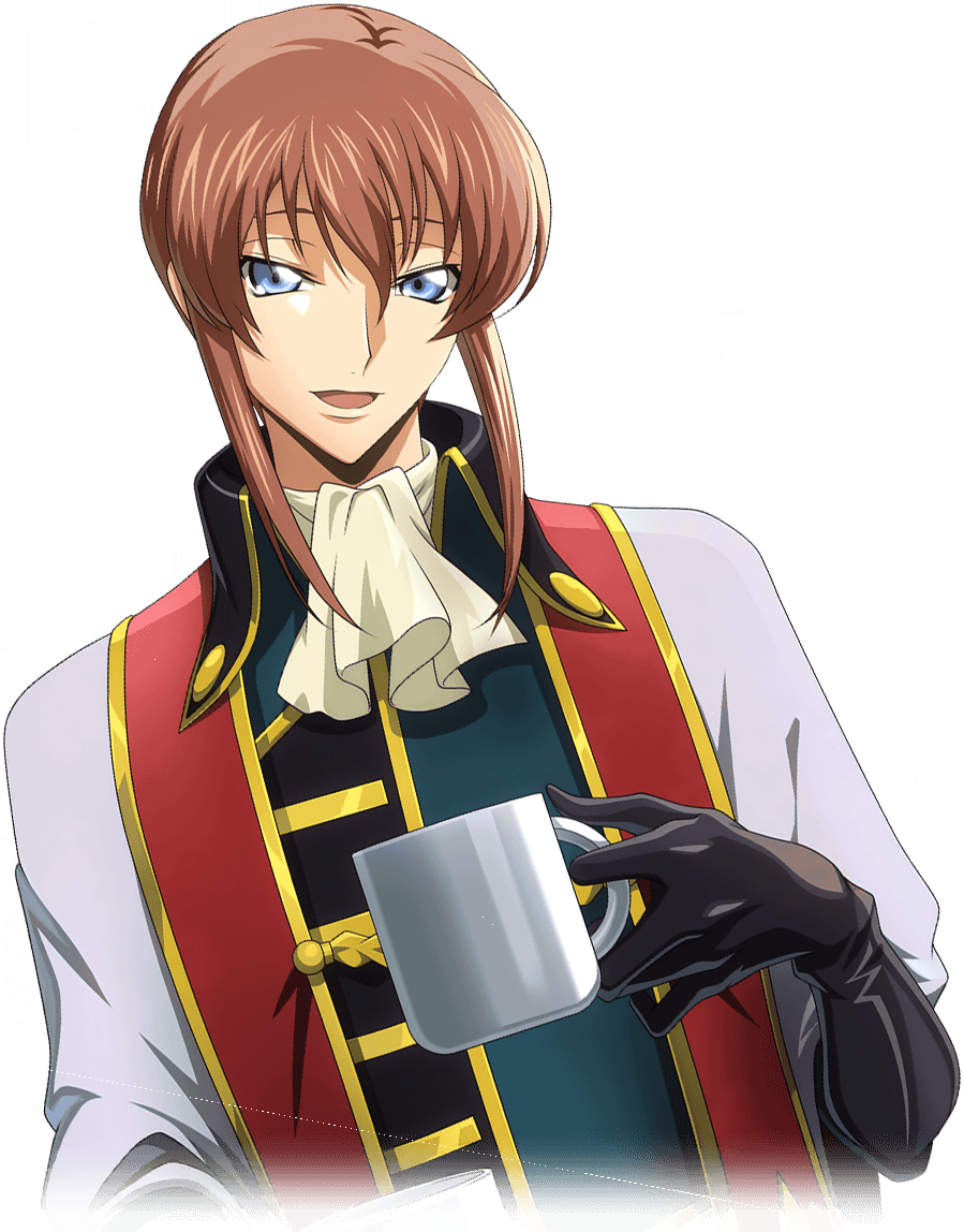 1boy artist_request ascot black_gloves blue_eyes brown_hair code_geass code_geass:_lost_stories cropped_torso cup drink dutch_angle game_cg gloves green_shirt half-closed_eyes happy high_collar holding holding_cup holding_drink jacket kannon_maldini looking_at_viewer male_focus medium_hair mug non-web_source official_art open_clothes open_jacket open_mouth shirt sidelocks simple_background smile solo standing transparent_background white_ascot white_jacket