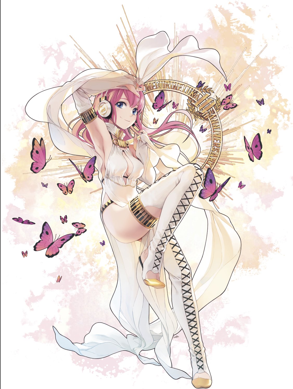 1girl anniversary arm_up armpits blue_eyes breasts bug butterfly commentary detached_sleeves flowing_dress full_body headphones highres insect lena_(zoal) long_hair looking_at_viewer medium_breasts megurine_luka nail_polish piano_print pink_butterfly pink_hair pink_nails smile solo thighhighs vocaloid white_legwear white_sleeves