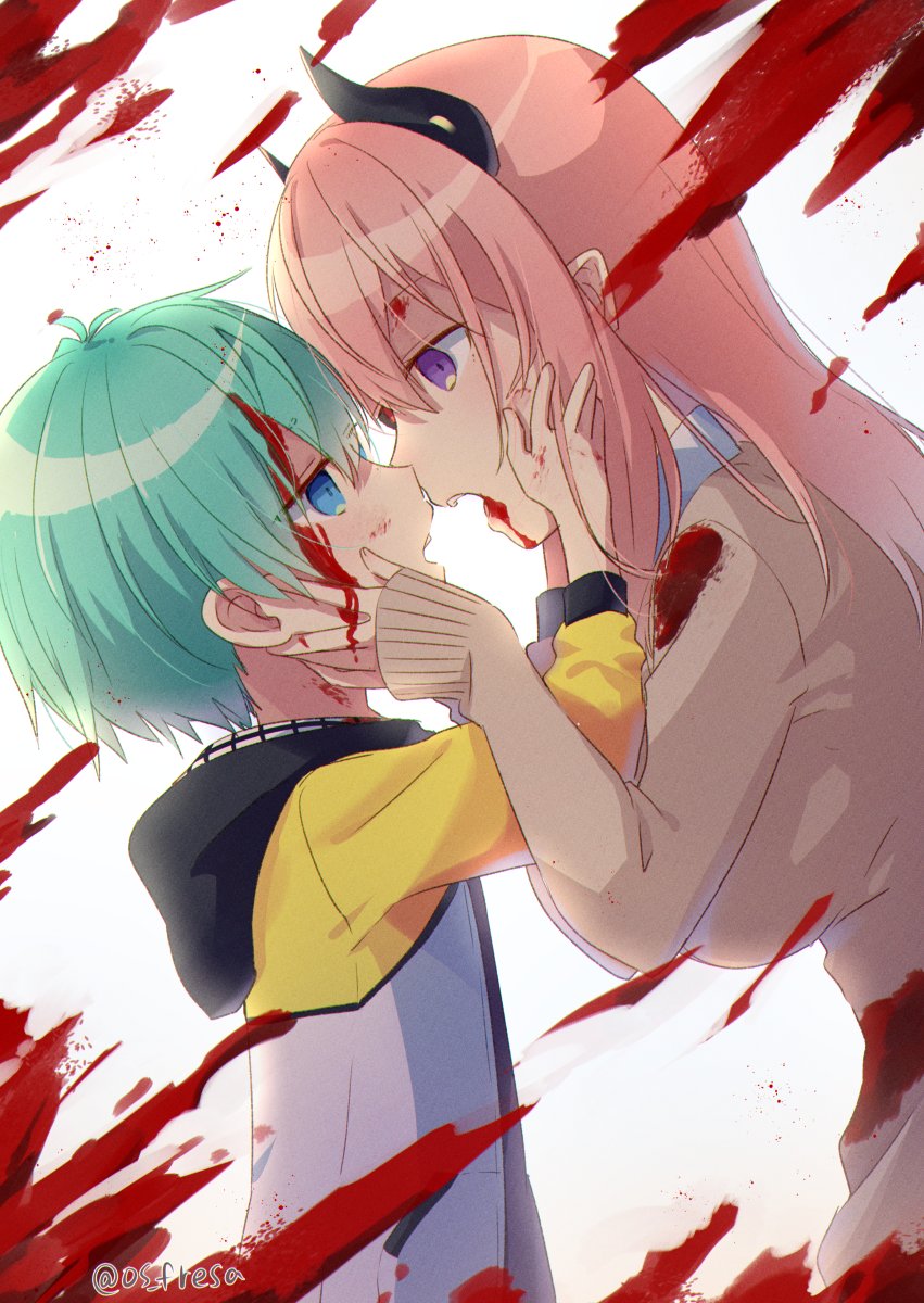 1boy 1girl age_difference blood blood_on_face caress child headphones highres imminent_kiss looking_at_another original os_(os_fresa) touching