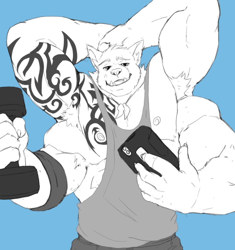 4_arms anthro armpit_hair arms_above_head big_muscles body_hair canid canine clothing exercise male mammal merfiller_(artist) multi_arm multi_limb multifur muscular phone raised_arm selfie shirt solo tank_top tattoo_on_chest tattooed_arm topwear weightlifting workout
