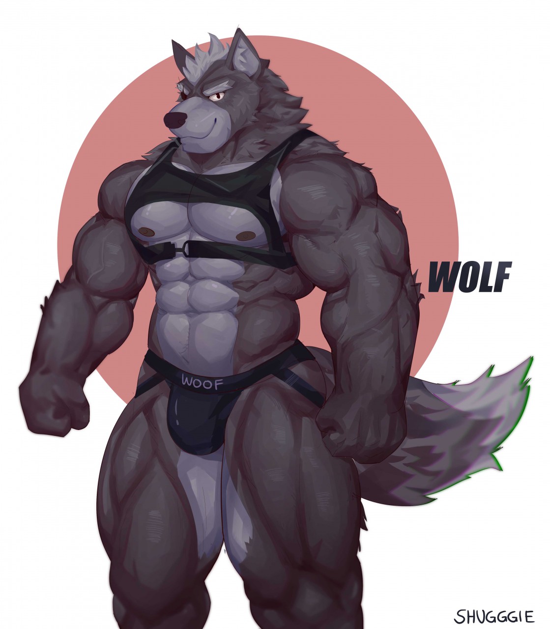 abs anthro biceps black_clothing black_topwear black_underwear bulge canid canine canis clothed clothing eye_patch eyewear fist fur grey_body grey_fur hi_res jockstrap leather looking_at_viewer male mammal muscular muscular_male nintendo nipples pecs scar shugggie simple_background solo star_fox topwear underwear video_games wolf wolf_o'donnell