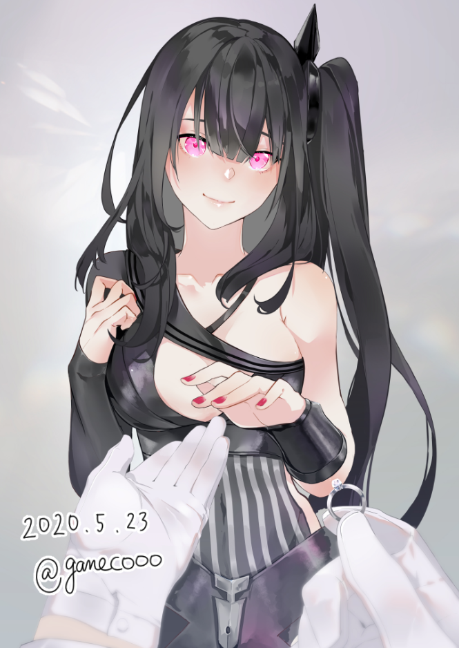 1girl architect_(girls_frontline) black_hair blush bracer breasts character_request closed_mouth commander_(girls_frontline) dated dress fingernails girls_frontline gloves grey_background hair_between_eyes hands_up head_tilt holding jewelry large_breasts looking_at_viewer nail_polish nello_(luminous_darkness) one_side_up pink_eyes pov pov_hands proposal red_nails ring side_ponytail single_bare_shoulder smile solo_focus twitter_username wedding_ring white_gloves