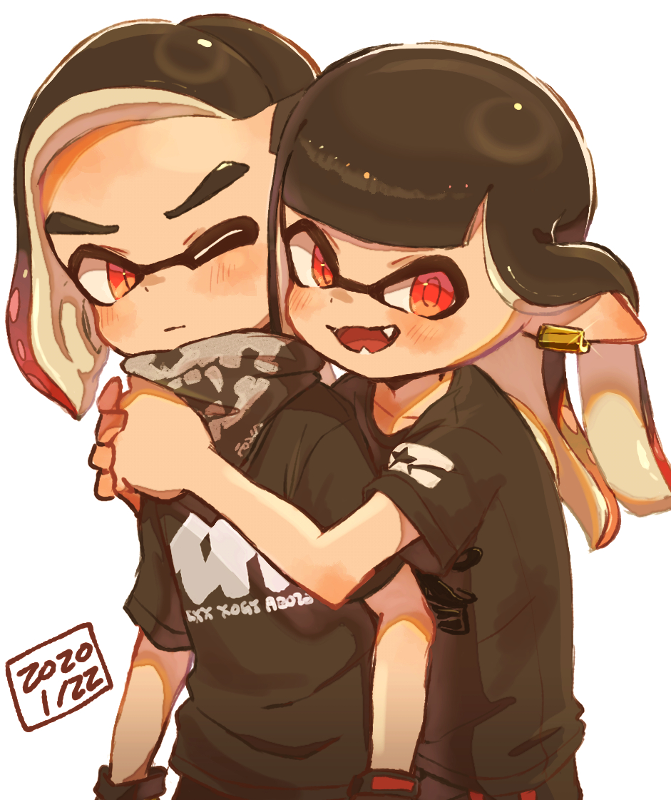 1boy 1girl bandana bangs black_bandana black_gloves black_hair black_shirt blunt_bangs brother_and_sister commentary dated domino_mask ear_clip fangs gloves gradient_hair harutarou_(orion_3boshi) hug hug_from_behind inkling light_frown long_hair looking_at_another looking_at_viewer mask medium_hair multicolored_hair one_eye_closed open_mouth pointy_ears red_eyes red_hair shirt short_sleeves siblings simple_background smile sparkle splatoon_(series) standing t-shirt tentacle_hair twins white_background
