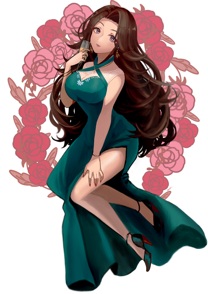 1girl black_footwear bracelet breasts brown_hair cleavage cup dress drinking_glass earrings eyelashes flower formal full_body green_dress halterneck hand_on_own_leg high_heels holding holding_cup ich. idolmaster idolmaster_cinderella_girls jewelry lace lace-trimmed_dress large_breasts light_smile long_dress long_hair long_legs looking_at_viewer nail_polish necklace no_socks rose sleeveless sleeveless_dress solo takahashi_reiko thighs very_long_hair wavy_hair white_background wine_glass