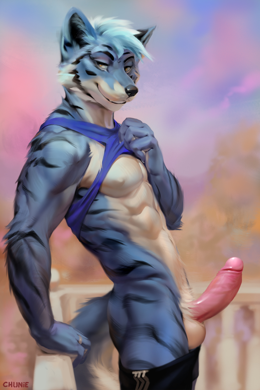 2020 anthro balls blue_body blue_fur canid canine chunie clothed clothing detailed_background digital_media_(artwork) erection felid fox fur genitals hair hi_res humanoid_genitalia humanoid_penis hybrid leaning leaning_back looking_aside male mammal nipples outside pantherine partially_clothed penis retracted_foreskin smile solo standing tiger uncut white_body white_fur