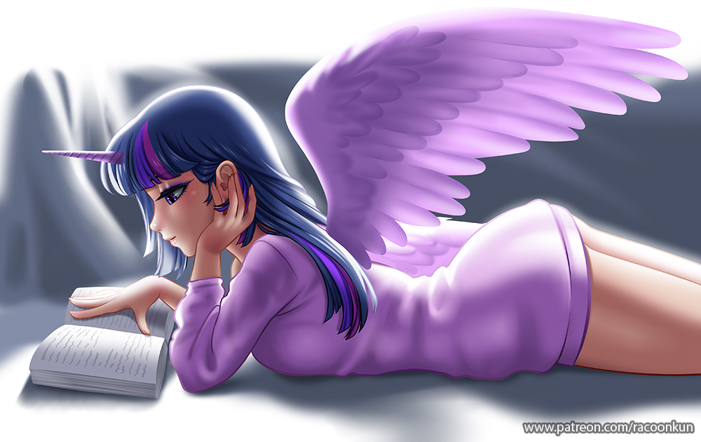 2020 alternate_species book clothed clothing digital_media_(artwork) feathered_wings feathers female friendship_is_magic hair horn horned_humanoid humanoid humanoidized long_hair lying multicolored_hair my_little_pony on_front purple_eyes racoon-kun reading solo text twilight_sparkle_(mlp) url winged_humanoid wings
