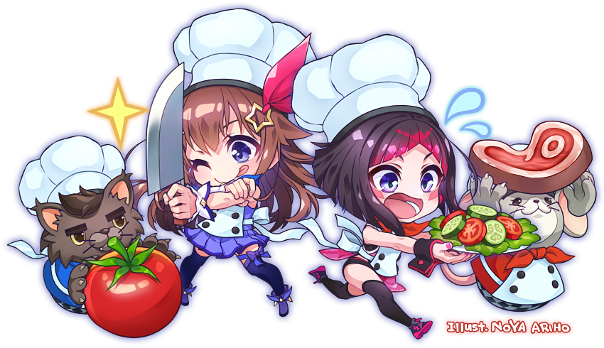 1girl azki_(hololive) black_hair brown_hair chef_hat chibi cooking food game hat hololive long_hair meat noyaariho one_eye_closed open_mouth overcooked short_hair simple_background tokino_sora tokino_sora_channel tomato vegetable virtual_youtuber white_background