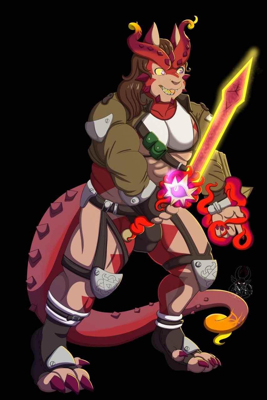 2020 alien anthro armor chin_spikes claws clothing cthugha_(tas) cthugha_(tass) digitigrade dragon facial_spikes flaming_sword glowing_sword growth hi_res humanoid hybrid jacket jockstrap justinfox male mid_transformation muscle_growth muscular muscular_male pink_eyes plate_armor prehensile_feet prehensile_tail pseudo_hair red_claws reptile scalie solo spikes tentacle_hair tentacles tokyo_afterschool_summoners topwear underwear video_games