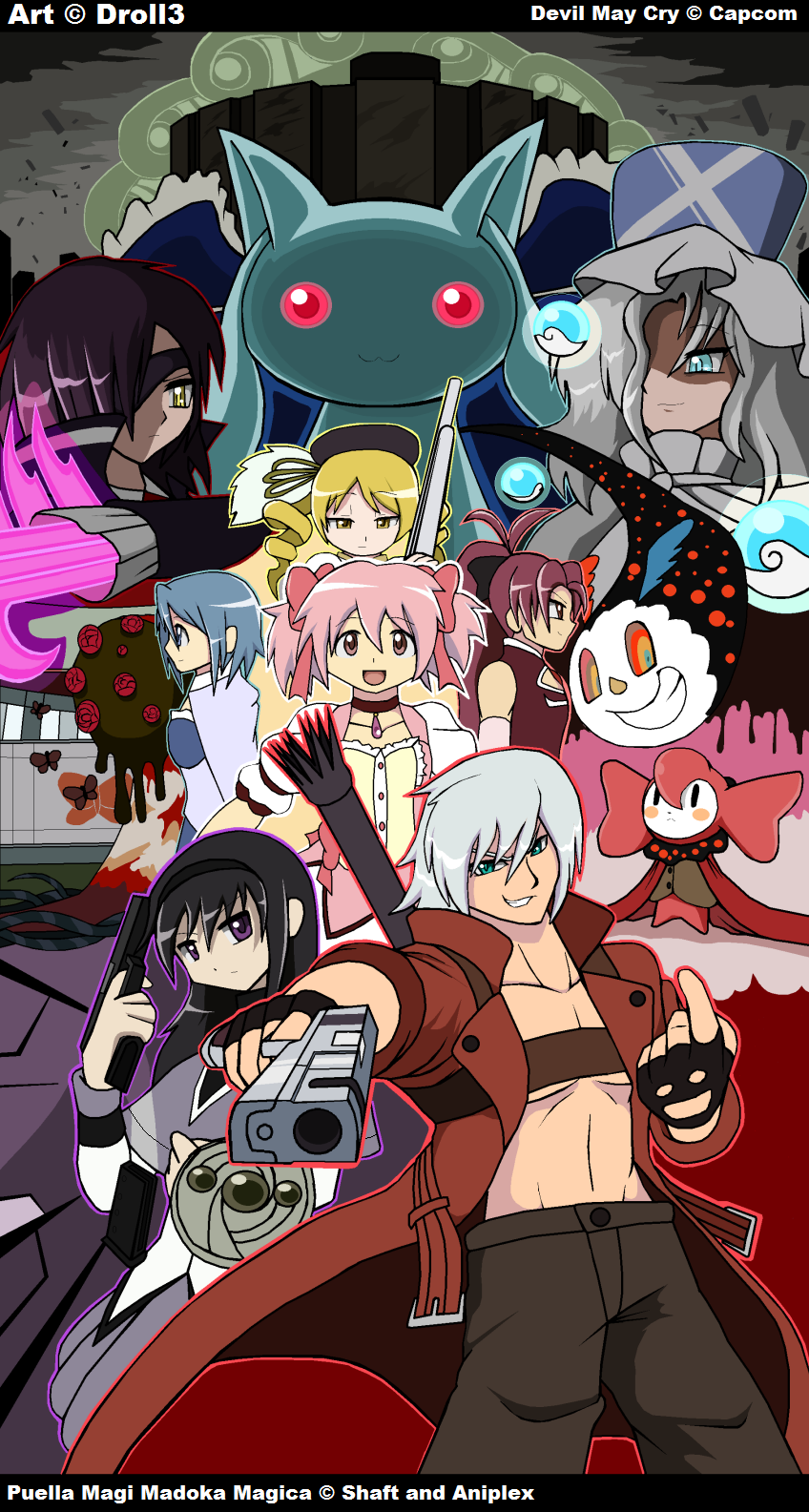 aiming_at_viewer arthropod butterfly capcom charlotte_(puella_magi_madoka_magica) claw_(weapon) clothing crossover dante_(devil_may_cry) demon_hunter devil_may_cry devil_may_cry_3 droll3 english_text eye_patch eyewear female flower group gun hair hair_over_eye hi_res homura_akemi human humanoid insect jacket kirika_kure kyubey lepidopteran looking_at_viewer madoka_kaname magical_girl_outfit mahou_shoujo_madoka_magica male mami_tomoe mammal melee_weapon menacing_approach musket night one_eye_obstructed orbs oriko_mikuni pistols plant puella_magi puella_magi_oriko_magica ranged_weapon reloading rose_(flower) sakura_kyouko sayaka_miki sword teamwork text topwear video_games weapon