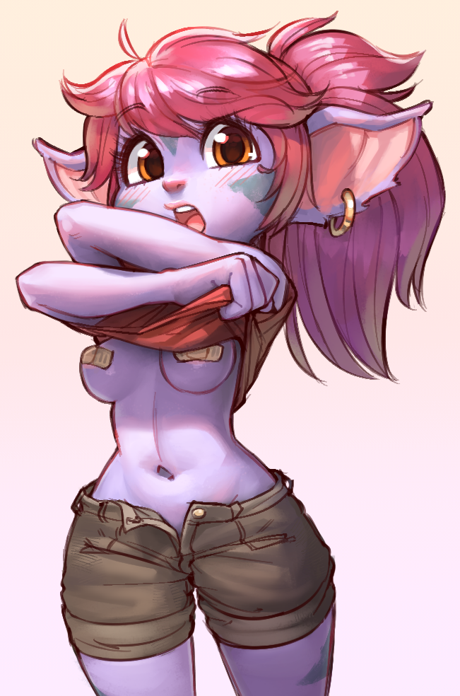 2020 big_ears blush bodypaint bottomwear breasts clothed clothing clothing_lift ear_piercing ear_ring female hair humanoid league_of_legends looking_at_viewer open_pants orange_eyes pants piercing pink_hair ponytail purple_body riot_games shirt shirt_lift solo surprise topwear tristana_(lol) video_games wamudraws yordle
