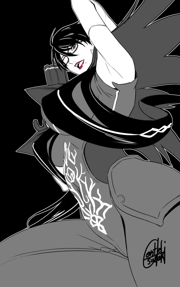1girl arm_up armpits bayonetta bayonetta_(character) bayonetta_2 black_background black_hair breasts covered_navel cowboy_shot earrings elbow_gloves gentle_sasaki glasses gloves gun handgun jewelry large_breasts lipstick looking_at_viewer makeup mole mole_under_mouth open_mouth pistol red_lips short_hair signature underboob weapon