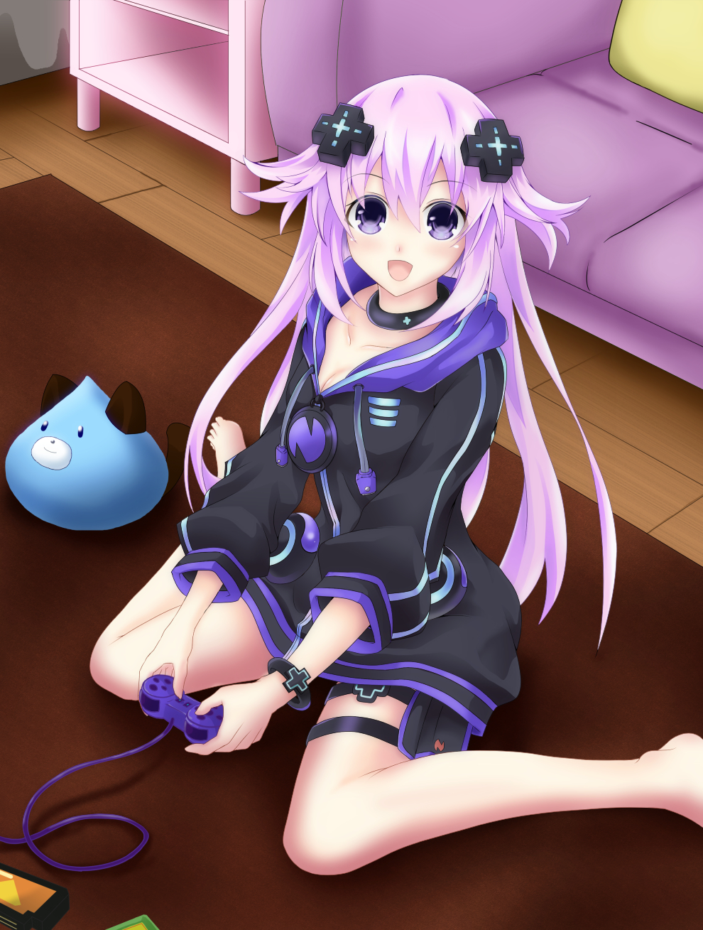 1girl :d adult_neptune bare_legs barefoot black_choker black_jacket blush breasts choker cleavage commentary_request couch d-pad d-pad_hair_ornament dogoo full_body hair_between_eyes hair_ornament happy highres holding_controller holster hood hooded_jacket indoors jacket long_hair looking_at_viewer medium_breasts neptune_(series) no_shoes open_mouth playing_games purple_eyes purple_hair seshiro_(which501) sitting sitting_on_floor smile solo stuffed_toy thigh_strap usb very_long_hair video_game wariza wristband zipper_pull_tab