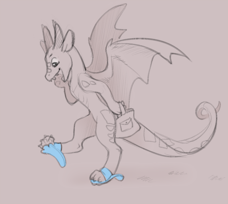 2d10 ambiguous_gender bag claws clothing digitigrade dragon feral flip_flops footwear furgonomics horn membrane_(anatomy) membranous_wings open_mouth pawpads restricted_palette sandals semi-anthro simple_background smile solo wings