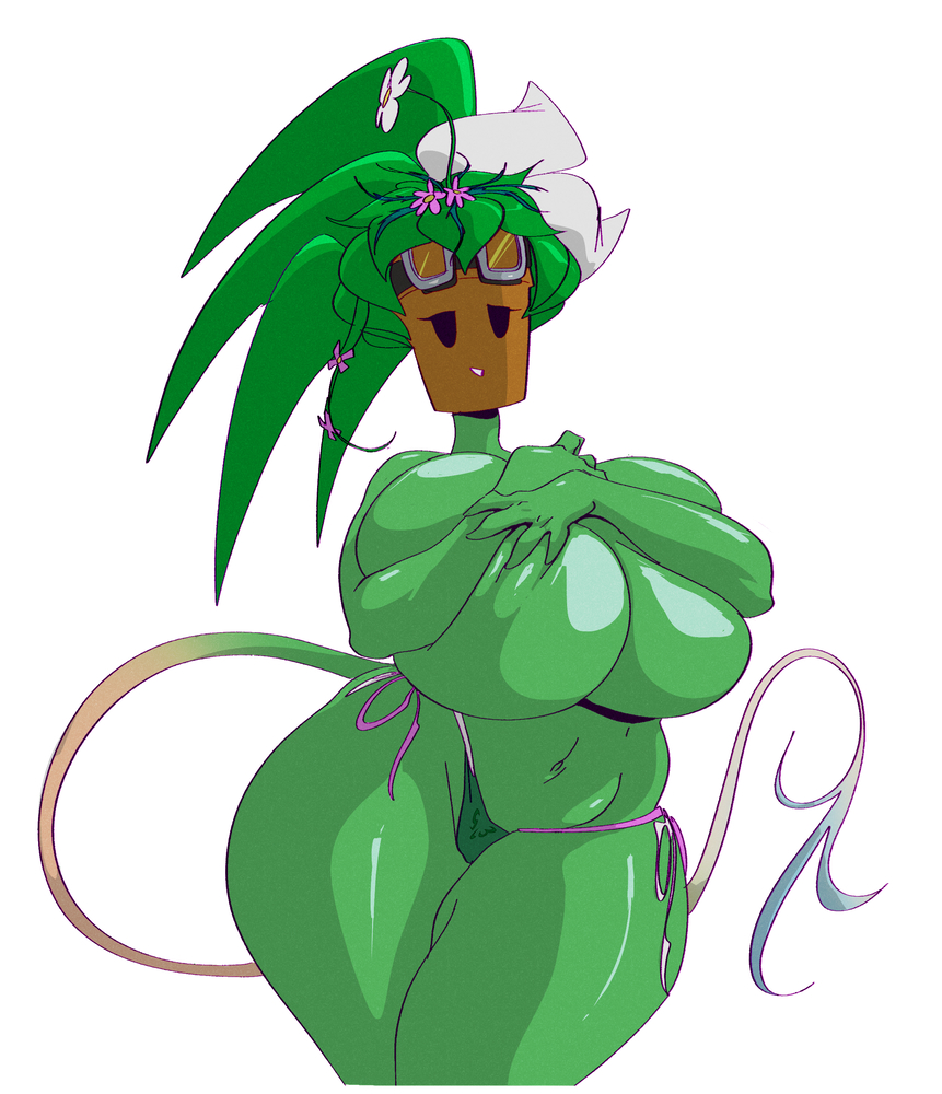 2019 big_breasts blaster_master breasts clothed clothing curvy_figure elemental_creature elemental_humanoid eyewear female flora_fauna flower goggles green_body green_hair green_skin hair half-closed_eyes huge_breasts humanoid kanna_(blaster_master) looking_at_viewer narrowed_eyes navel panties plant plant_humanoid simple_background slb smile solo thick_thighs topless underwear video_games voluptuous white_background wide_hips
