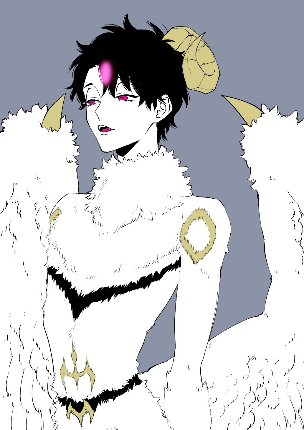 1boy arms_at_sides black_hair body_fur curled_horns demon_boy demon_horns demon_wings fate/grand_order fate_(series) feather_hair_ornament feathers fujimaru_ritsuka_(male) glowing grey_background hair_ornament highres horizontal_pupils horns looking_ahead male_focus monsterification nude parted_lips partially_colored red_eyes short_hair single_horn solo upper_body urup_zzz wings