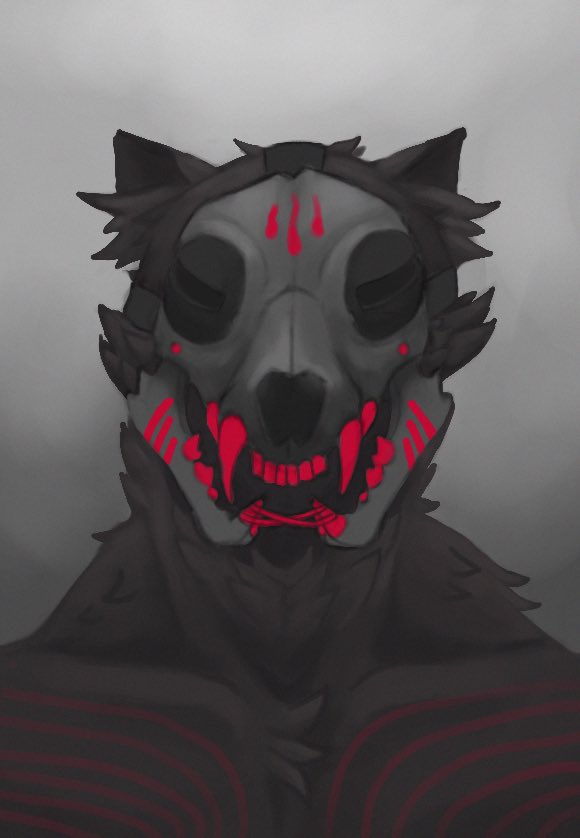 2020 anterior_nasal_aperture anthro black_body black_ears black_fur black_straps black_tuft bone bust_portrait canid cheek_tuft chest_markings chest_tuft clothed clothing collarbone deltoids digital_media_(artwork) digital_painting_(artwork) facial_tuft fangs front_view fur grey_back head_tuft male male_anthro mammal markings mask neck_tuft paint pecs portrait possumcrimes prick_ears red_face_paint red_markings red_paint red_teeth sharp_teeth simple_background skull skull_mask solo split_jaw straps teeth topless topless_anthro topless_male tuft