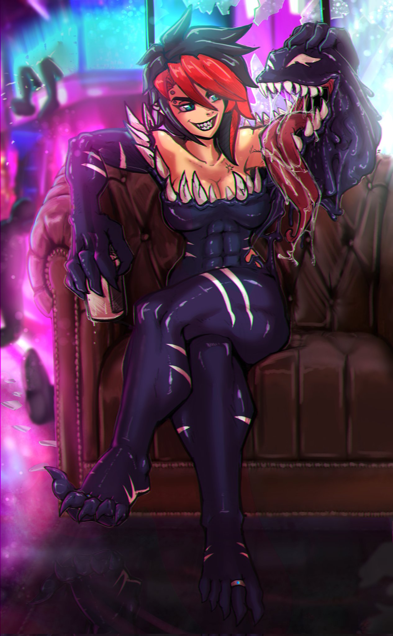 abs athletic barefoot belly biceps bodily_fluids breasts carrus_olivia claws cleavage clothed clothing club drooling duo feet female glowing hi_res human mammal marvel midriff monster muscular muscular_thighs nightclub petting possession reliusmax ring saliva she-venom sitting solo symbiote teeth toes tongue venom_(marvel)