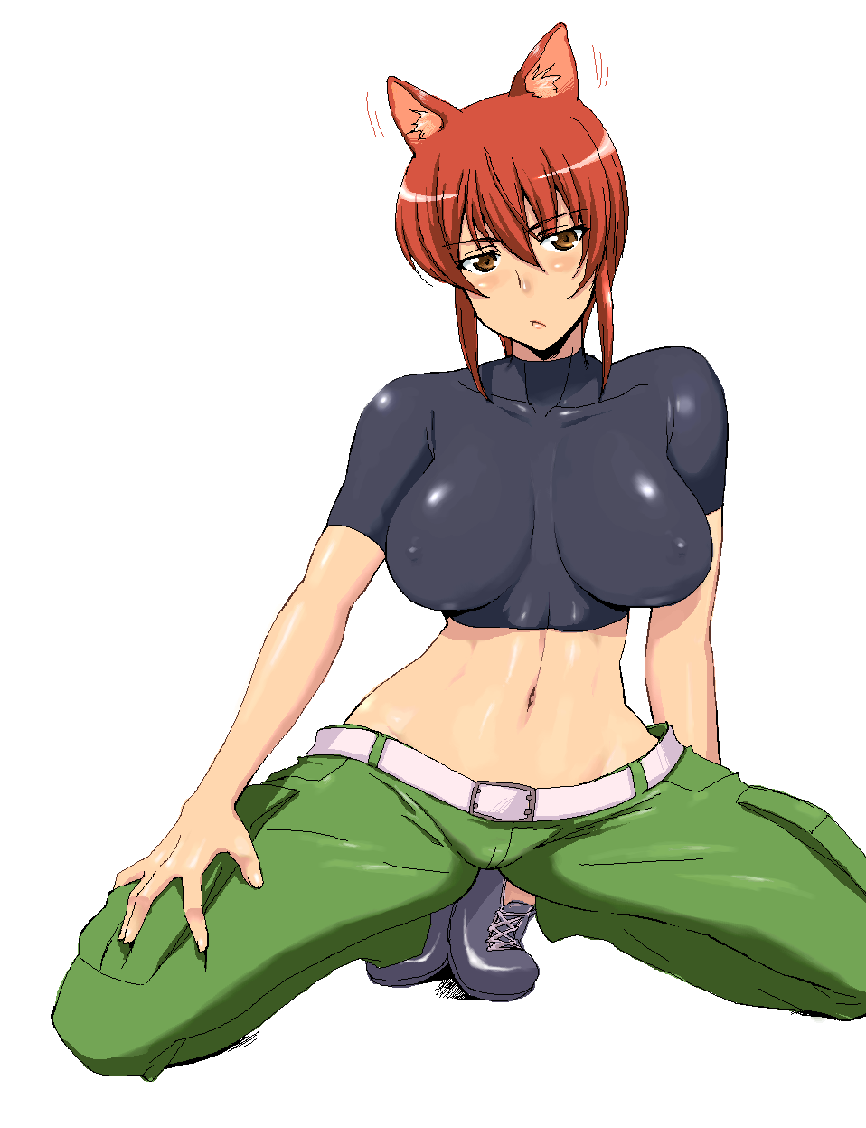 animal_ears babydoll_t-shirt belt breasts cargo_pants covered_nipples crop_top highres impossible_clothes impossible_shirt kaibutsu_oujo large_breasts lowleg lowleg_pants midriff pants red_hair riza_wildman seura_isago shirt short_hair solo wolf_ears