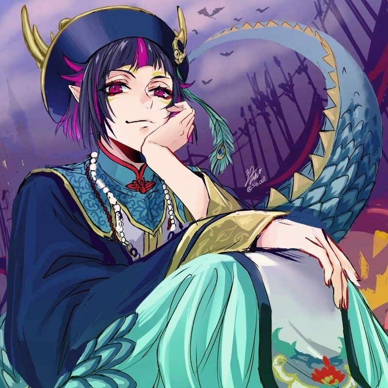 1boy bat_(animal) black_hair blue_robe castle chinese_clothes commentary_request dragon_horns fence hat_feather head_rest horns jack-o'-lantern jewelry lilia_vanrouge long_sleeves looking_at_viewer male_focus multicolored_hair necklace official_alternate_costume okurabaakaa purple_eyes purple_hair purple_sky robe signature sketch sky smile solo squatting streaked_hair swimsuit twisted_wonderland twitter_username