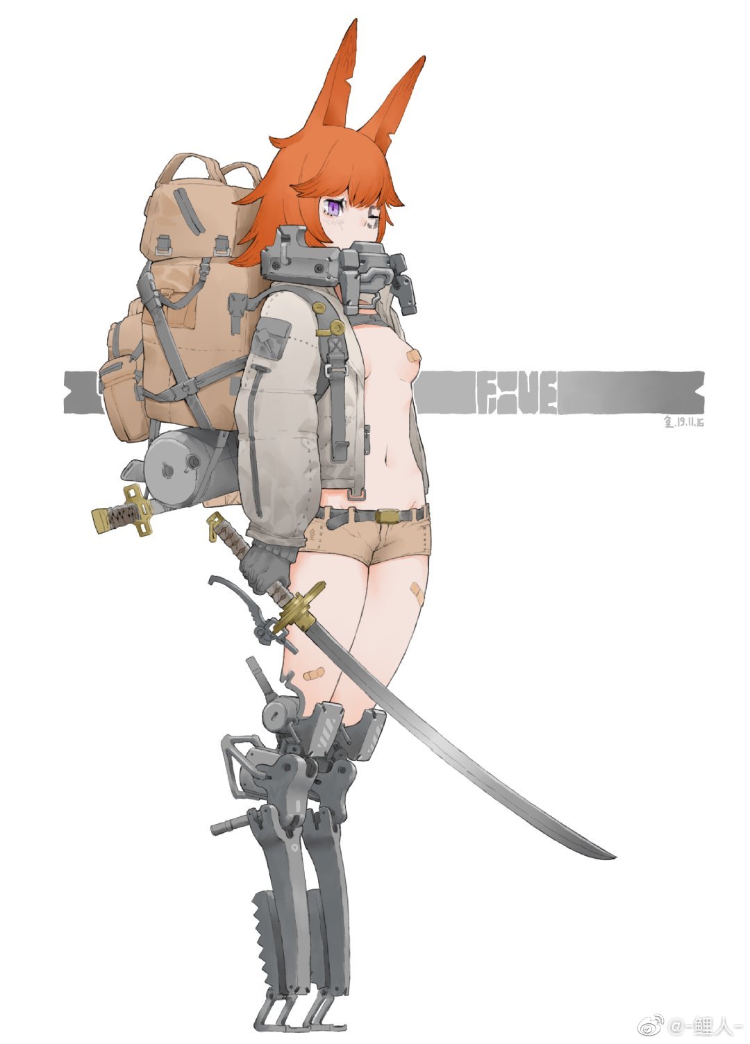 1girl animal_ears backpack bag bandaid bandaid_on_leg bandaids_on_nipples belt black_belt breasts brown_bag brown_shorts bruise bruised_eye character_request commentary_request copyright_request covered_mouth full_body gloves grey_gloves grey_jacket groin highres holding holding_sword holding_weapon injury jacket katana liren44 long_sleeves looking_ahead mechanical_legs navel one_eye_closed open_clothes open_jacket orange_hair pasties puffy_long_sleeves puffy_sleeves purple_eyes science_fiction short_hair short_shorts shorts small_breasts solo standing strap sword unsheathed weapon weibo_logo weibo_username white_background