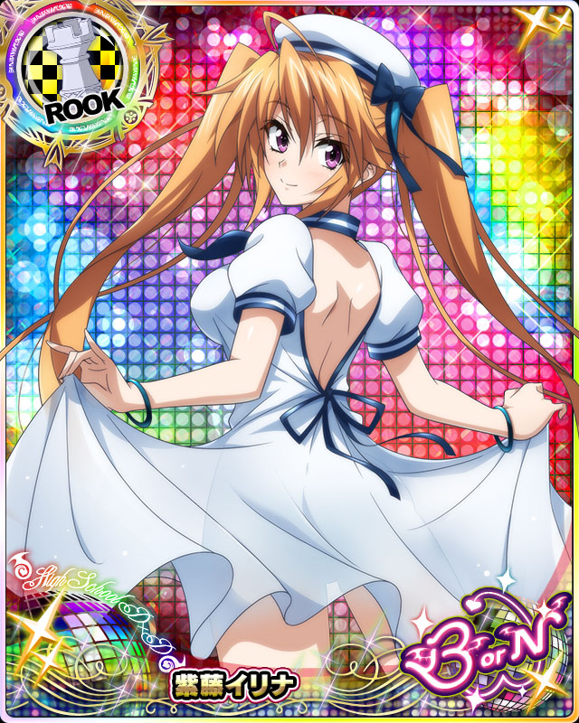 1girl ahoge backless_dress backless_outfit bow bracelet breasts brown_hair card_(medium) chess_piece clothes_lift copyright_name dress dress_lift hair_between_eyes hat high_school_dxd high_school_dxd_born jewelry lifted_by_self looking_at_viewer medium_breasts official_art purple_eyes rook_(chess) sailor_dress sailor_hat shidou_irina short_sleeves smile solo twintails