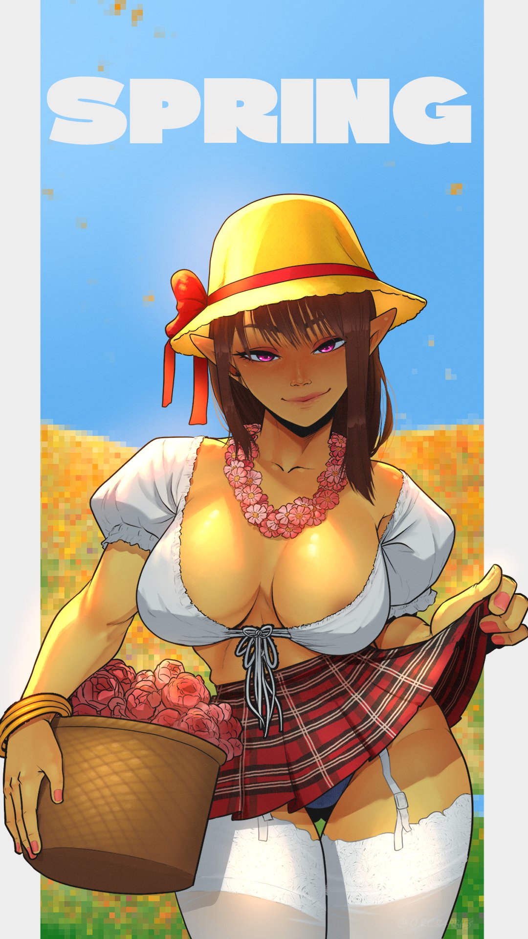 1girl areola_slip ass_visible_through_thighs bangle black_panties blurry blurry_background bracelet breasts brown_hair cameltoe clothes_lift colored_skin commentary contrapposto covered_nipples curvy dark_areolae english_commentary female_goblin fewer_digits field fingernails flower flower_basket flower_field flower_necklace front-tie_top garter_straps goblin green_skin highres jewelry large_breasts lei lifted_by_self long_hair looking_at_viewer narrow_waist naughty_face no_bra off_shoulder orcbarbies original panties pantyshot plaid plaid_skirt pointy_ears puffy_short_sleeves puffy_sleeves purple_eyes red_nails red_skirt short_sleeves shortstack skirt skirt_lift solo spring_(season) thighhighs underwear white_garter_straps white_thighhighs