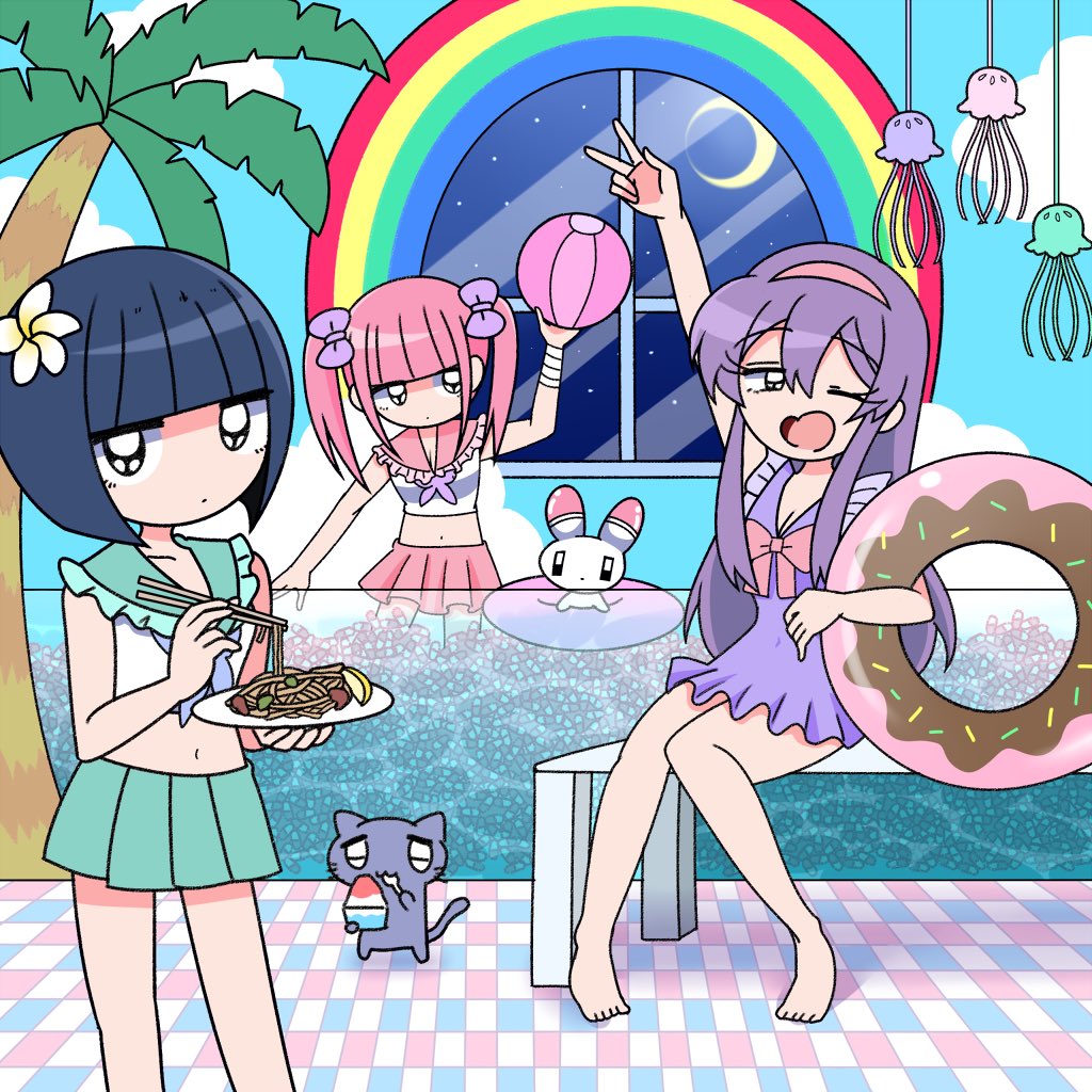 3girls animal ball bandaged_arm bandages barefoot beachball blue_hair bob_cut bow cat chopsticks closed_mouth crescent crescent_moon cupcake dress expressionless ezaki_bisuko flower food green_sailor_collar green_skirt hair_bow hair_flower hair_ornament hairband hand_up holding holding_ball holding_beachball holding_chopsticks holding_plate holding_swim_ring jellyfish looking_at_viewer menhera-chan_(ezaki_bisuko) menhera-chan_(ezaki_bisuko)_(character) moon multiple_girls navel night night_sky one_eye_closed open_mouth palm_tree pasta pink_bow pink_hair pink_sailor_collar pink_skirt plate pleated_skirt purple_bow purple_dress purple_hair rabbit rainbow sabukaru-chan_(ezaki_bisuko) sailor_collar school_uniform serafuku short_twintails sidelocks skirt sky spaghetti swim_ring tile_floor tiles tree twintails usatan_(ezaki_bisuko) v window yumekawa-chan_(ezaki_bisuko)