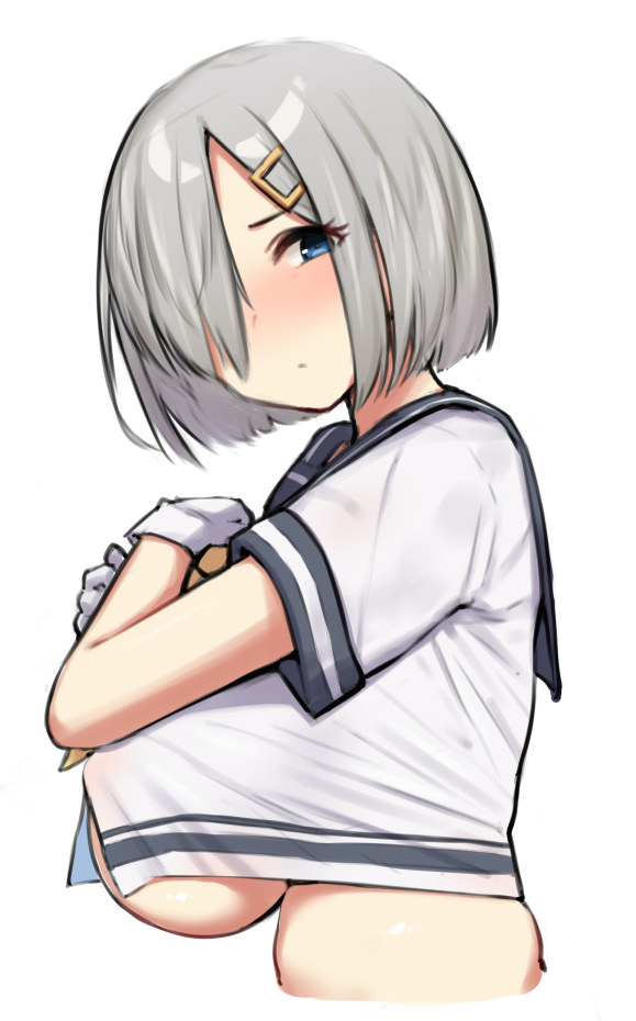 1girl blue_eyes blue_sailor_collar breast_hold breasts closed_mouth from_side gloves grey_hair hair_ornament hair_over_one_eye hairpin hamakaze_(kancolle) kantai_collection large_breasts looking_at_viewer medium_hair mitsukazu_(nijigen_complex) neckerchief sailor_collar school_uniform serafuku short_sleeves solo underboob upper_body white_gloves white_serafuku yellow_neckerchief