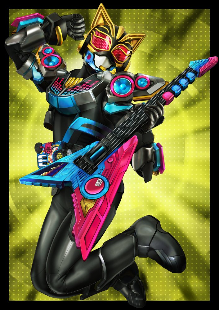 1girl animal_ears animal_hands axe beat_axe beat_buckle belt black_bodysuit bodysuit boots breasts cat_ears clenched_hand desire_driver driver_(kamen_rider) earpiece glowing glowing_eyes guitar holding holding_instrument instrument kamen_rider kamen_rider_geats_(series) kamen_rider_na-go keytar looking_at_viewer lying masukudo_(hamamoto_hikaru) medium_breasts microphone multiple_views music off-shoulder_shirt off_shoulder on_back paw_pose pink_eyes playing_instrument raise_buckle shirt shorts sparkle tank_top thick_thighs thighs tokusatsu two-tone_background white_background yellow_background