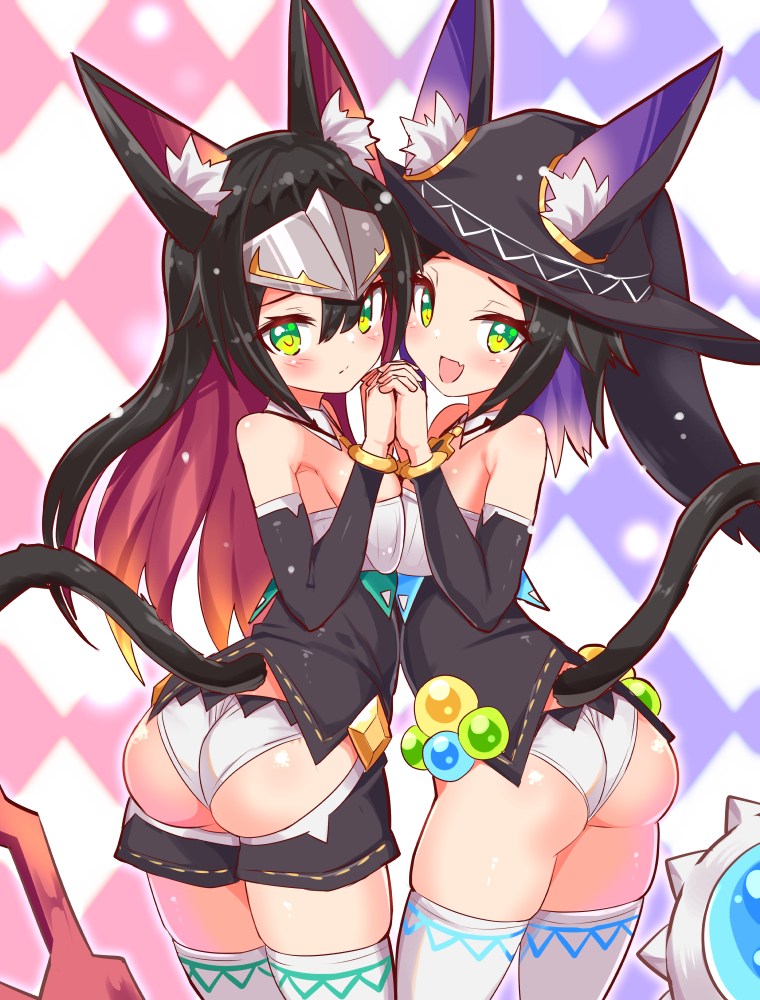 2girls animal_ears argyle argyle_background ass ass_cutout ball_and_chain_(weapon) black_hair black_headwear black_shirt black_shorts black_sleeves blue_hair blush breast_press cat_ears cat_girl cat_tail closed_mouth clothing_cutout collar commentary cougar_(cougar1404) detached_collar detached_sleeves ears_through_headwear fang from_behind frown green_eyes grey_headwear hat headgear levilina_(cougar1404) long_hair looking_at_viewer looking_back medium_hair multicolored_hair multiple_girls no_pants open_mouth original panties pink_hair rubirina_(cougar1404) shirt short_shorts shorts siblings sisters skin_fang smile standing strapless strapless_shirt sword symmetrical_docking symmetrical_hand_pose tail thighhighs twins two-tone_hair underwear weapon white_collar white_panties white_thighhighs witch_hat