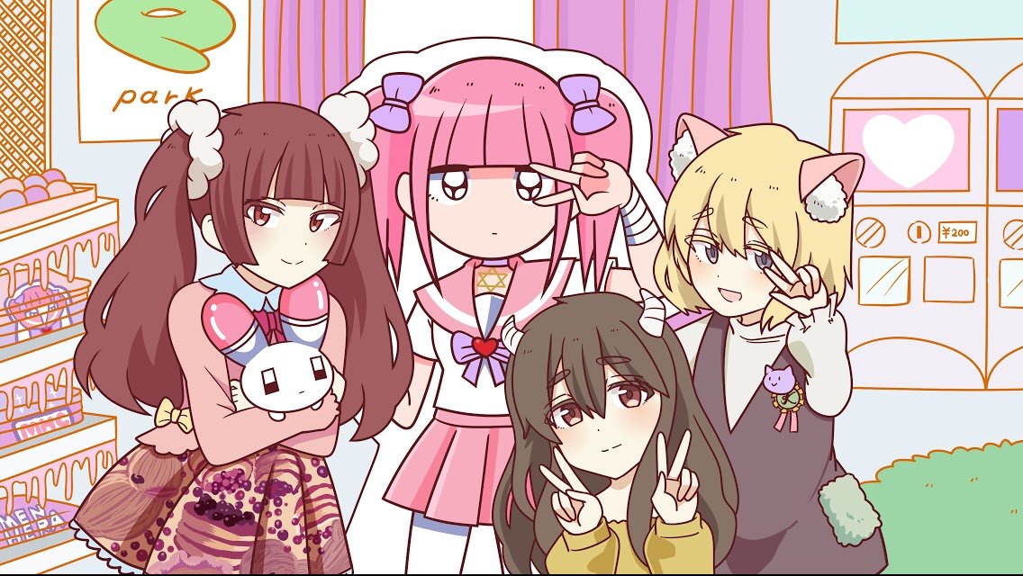 4girls animal animal_ear_fluff animal_ears black_vest blonde_hair blunt_bangs blush bow brown_eyes brown_hair buttons cardboard_cutout cardigan cat_ears commentary_request double_v dress end_card ezaki_bisuko fake_animal_ears fake_horns hair_ribbon heart holding holding_animal holding_rabbit horns indoors looking_at_viewer menhera-chan_(ezaki_bisuko) menhera-chan_(ezaki_bisuko)_(character) multiple_girls official_art park_harajuku:_crisis_team! pink_dress pink_sailor_collar pink_skirt pleated_skirt posing poster_(object) purple_bow rabbit red_eyes red_hair ribbon sailor_collar second-party_source selfie shirako_mari short_twintails sidelocks skirt smile sudou_rito thighhighs twintails urahara_(anime) usatan_(ezaki_bisuko) v vest watatsumugi_kotoko white_dress white_thighhighs yellow_cardigan