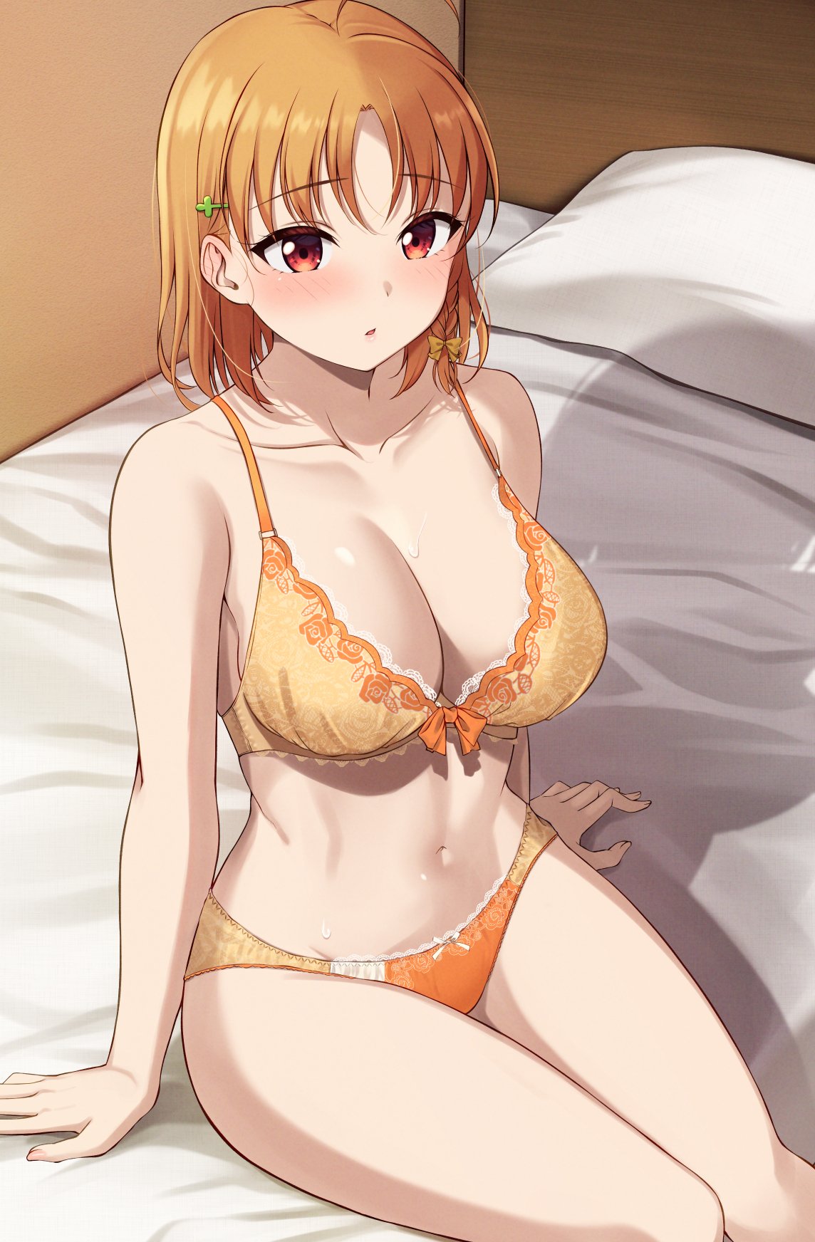 1girl alternate_breast_size arm_support bed_sheet bow bow_bra bow_panties bra braid breasts cleavage collarbone commentary_request feet_out_of_frame frilled_bra frilled_panties frills groin hair_bow highres knees_together_feet_apart large_breasts legs light_blush linea_alba lingerie love_live! love_live!_sunshine!! medium_hair mobukichi navel on_bed open_mouth orange_hair panties parted_bangs pillow red_eyes shadow short_braid side_braid sitting solo takami_chika thighs underwear wide_hips yellow_bow yellow_bra yellow_panties