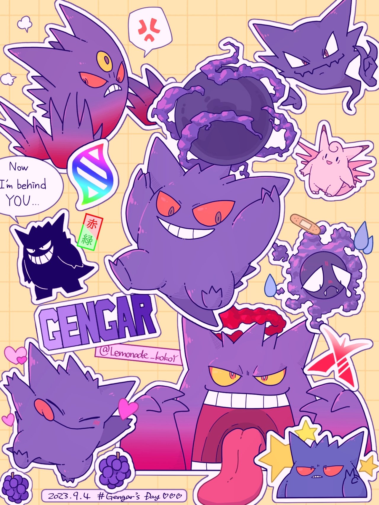 :q anger_vein artist_name bandaid character_name claws clefable closed_mouth colored_sclera colored_skin commentary dated disembodied_limb english_text evolutionary_line fangs food forehead_jewel frown fruit gastly gengar gigantamax_gengar grapes grid_background grin haunter highres lemonade_kokoi mega_gengar no_humans pink_skin pokemon pokemon_(creature) purple_eyes purple_skin red_eyes red_sclera skin_fangs smile solid_oval_eyes speech_bubble spoken_anger_vein teeth tongue tongue_out twitter_username v yellow_background yellow_sclera
