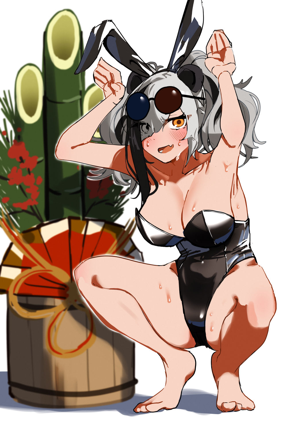 1girl animal_ears arknights bamboo bare_shoulders black_hair black_leotard blush breasts bucket cleavage collarbone ert_raitsui eyewear_on_head fake_animal_ears feater_(arknights) full_body grey_hair hair_over_one_eye highres leotard looking_at_viewer multicolored_hair open_mouth orange_eyes panda_ears panda_girl playboy_bunny round_eyewear solo squatting strapless strapless_leotard striped_hair sweat two-tone_hair two_side_up white_background