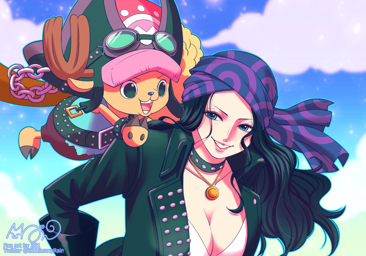 1boy 1girl 321 antlers bandana belt bikini bikini_top_only black_hair blue_eyes bracelet cloud coat commentary_request goggles goggles_on_headwear hat jewelry long_hair looking_at_another necklace nico_robin one_piece one_piece_film:_red reindeer_antlers sky smile swimsuit tony_tony_chopper white_bikini