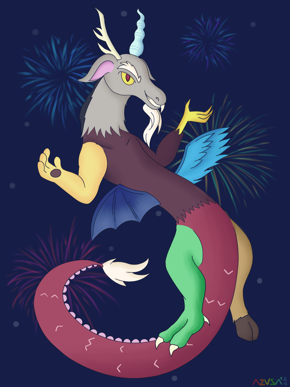 2024 azusagp beard chimera digital_media_(artwork) discord_(mlp) draconequus equid equine facial_hair feathered_wings feathers fireworks friendship_is_magic hasbro hi_res holidays horn male mammal my_little_pony new_year new_year_2024 scales smile solo wings
