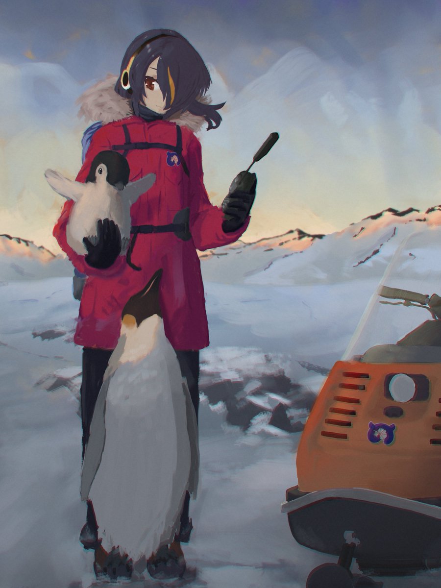 1girl alternate_costume backpack bag bird black_gloves black_hair black_pants coat emperor_penguin emperor_penguin_(kemono_friends) fur_trim gloves headphones highres hood hood_down japari_symbol kemono_friends kemono_friends_3 long_sleeves multicolored_hair orange_eyes orange_hair pants penguin penguin_chick red_coat rururungur short_hair snow snowmobile solo streaked_hair walkie-talkie winter winter_clothes winter_coat