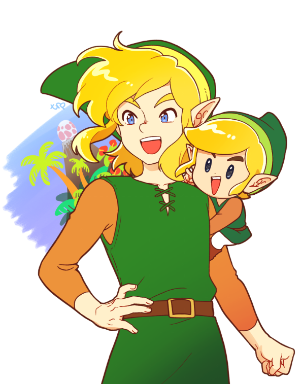blonde_hair blue_eyes clothing duo elf hair hat headgear headwear humanoid humanoid_pointy_ears hylian light_body light_skin link link's_awakening male nintendo not_furry open_mouth open_smile signature simple_background smile square_crossover the_legend_of_zelda tnp