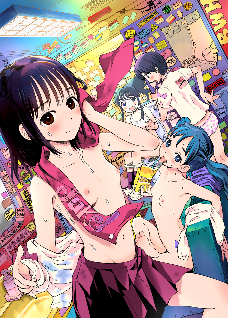 4girls blue_hair breasts changing_room hanamizawa_q-tarou highres looking_at_viewer multiple_girls nipples nude original small_breasts tongue tongue_out topless twintails wet