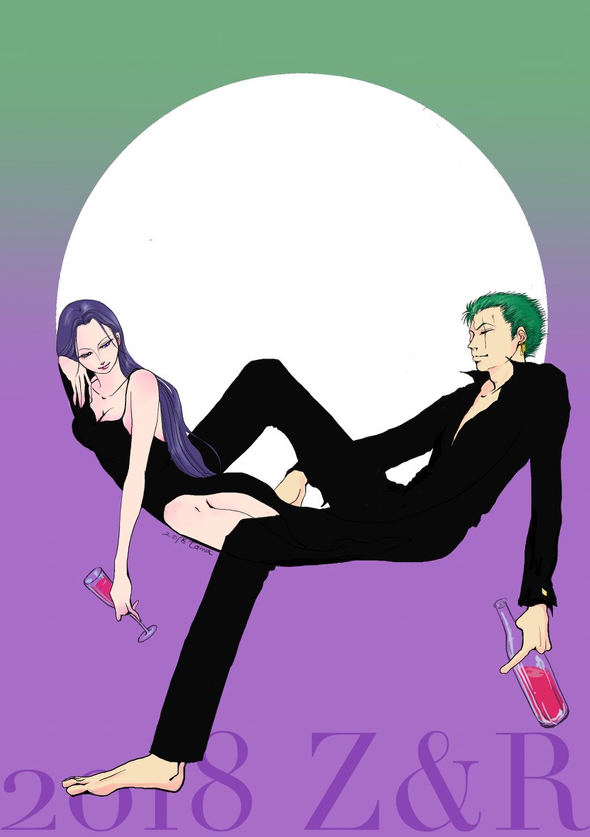 1boy 1girl black_dress black_pants black_shirt bottle commentary_request cup dress earrings gradient_background green_background green_hair highres holding holding_bottle holding_cup jewelry long_hair looking_at_another nico_robin one_piece pants purple_background purple_hair roronoa_zoro scar scar_on_face shirt sitting smile tamago_(tamago009003)