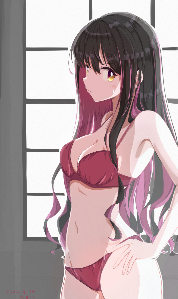 1girl black_hair bra breasts brown_eyes cleavage colored_inner_hair commentary_request cowboy_shot hair_down hand_on_own_hip kantai_collection long_hair medium_breasts multicolored_hair naganami_(kancolle) panties pink_hair red_bra red_panties solo two-tone_hair underwear underwear_only wada-kun wavy_hair window