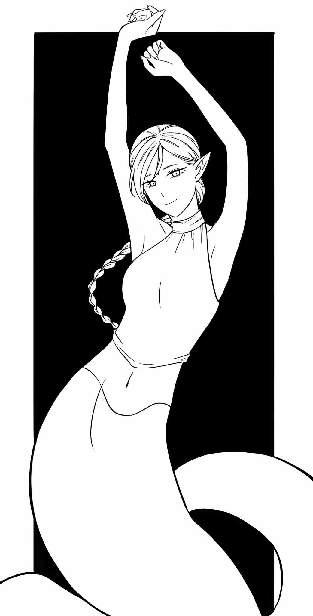 1girl armpits arms_up bare_arms braid braided_ponytail_lamia_(dungeon_meshi) breasts closed_mouth crop_top dungeon_meshi english_commentary facial_mark forehead_mark greyscale halterneck head_tilt highres irithyll8157351 lamia long_hair looking_at_viewer monochrome monster_girl navel outside_border pointy_ears single_braid sleeveless smile solo