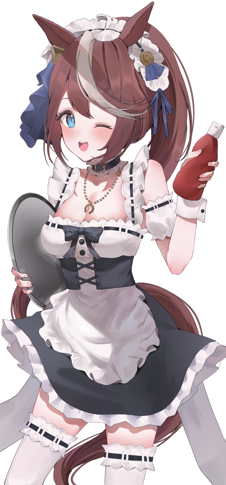 1girl alternate_costume animal_ears blue_eyes blush breasts brown_hair collarbone enmaided hair_between_eyes hair_ornament highres holding horse_ears horse_girl horse_tail jewelry ketchup looking_at_viewer maid maid_headdress necklace one_eye_closed ponytail simple_background small_breasts solo tail thighhighs tokai_teio_(umamusume) tray umamusume white_background yokawa_nagi