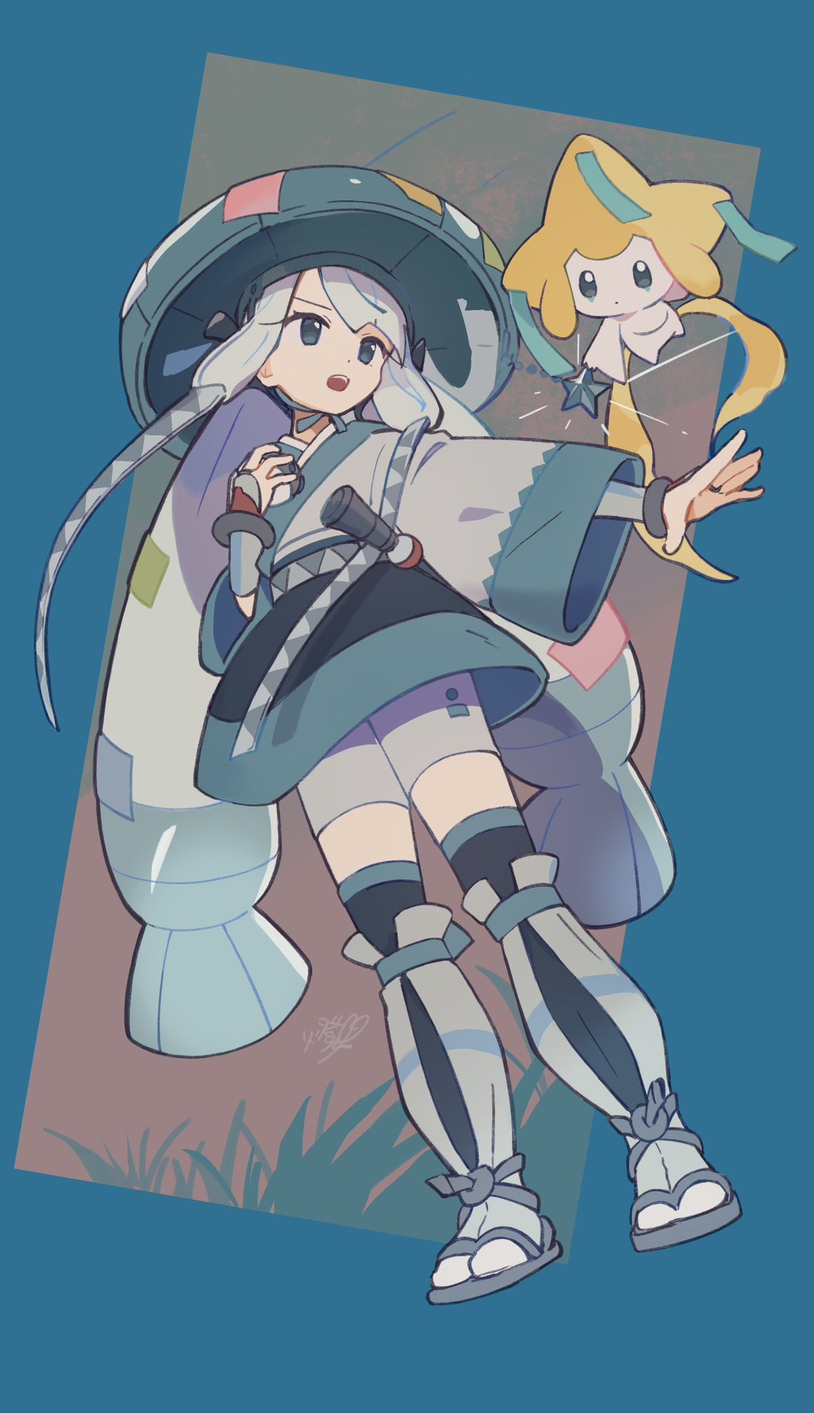 1girl blue_border border colored_skin dot_mouth dot_nose facial_mark floating grass grey_hair grey_shorts hatsune_miku highres holding holding_poke_ball jirachi long_hair open_mouth ou_to_u outside_border poke_ball pokemon project_voltage red_background shorts signature standing star_(symbol) steel_miku_(project_voltage) tanzaku teeth upper_teeth_only very_long_hair vocaloid white_skin