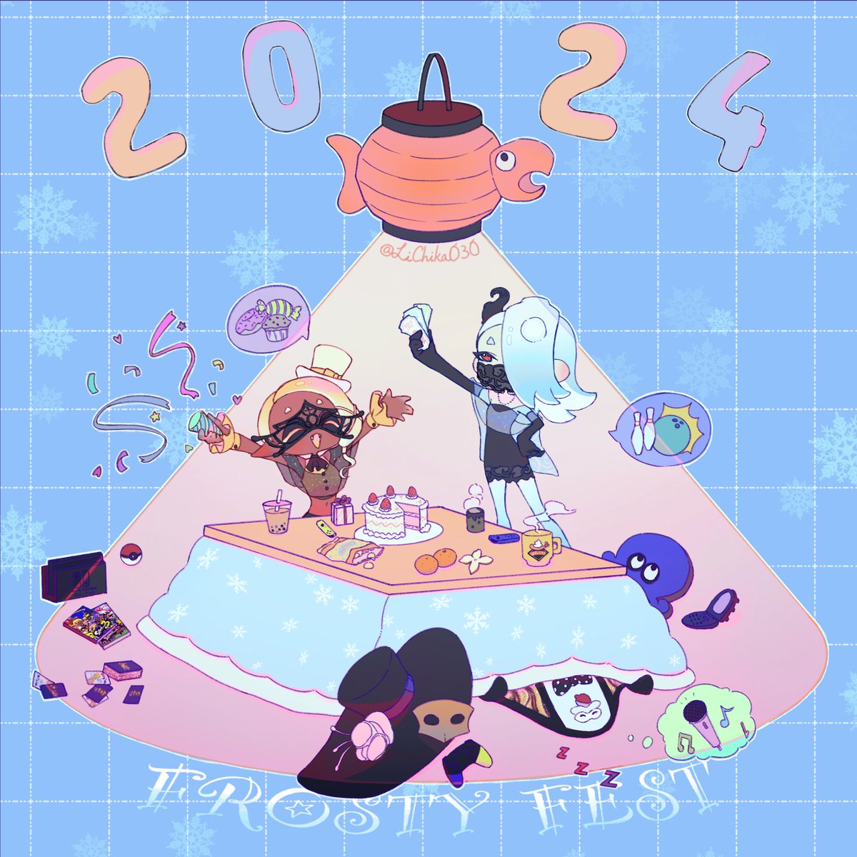 1boy 1other 2024 2girls :d artist_name ascot bag ball big_man_(splatoon) black_ascot black_dress black_gloves black_headwear blue_background blue_hair blue_pantyhose bowling_ball bowling_pin bubble_tea buttons cake candy card cellphone chips_(food) closed_eyes colored_eyelashes commentary confetti cover cropped_shirt cup cupcake dark-skinned_female dark_skin doughnut dress drink drinking_straw elbow_gloves fangs food fruit frye_(splatoon) gift gloves grid_background hair_over_one_eye hand_on_own_hip harem_pants hat highres holding_ticket joy-con lantern long_hair lqk_jing_jia mask midriff mouth_mask multiple_girls musical_note navel nintendo_switch nintendo_switch_pro_controller octopus official_alternate_costume open_mouth orange_(fruit) outstretched_arms pants pantyhose phone plate playing_card pointy_ears poke_ball red_eyes see-through_shawl shawl shirt shiver_(splatoon) short_hair smile snowflake_background speech_bubble splatoon_(series) splatoon_3 spotlight standing steam strapless strapless_dress table tentacle_hair thick_eyebrows thought_bubble ticket twitter_username unworn_mask video_game_cover white_headwear yellow_shirt