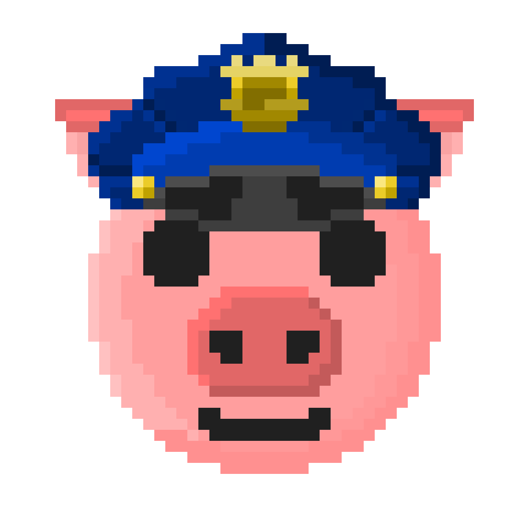1:1 alpha_channel ambiguous_form ambiguous_gender black_eyes clothing colored cop_hat digital_media_(artwork) domestic_pig emoji empty_eyes front_view hat headgear headshot_portrait headwear icon looking_at_viewer mammal pink_body pixel_(artwork) police portrait r74moji r74n shaded simple_background smile snout solo suid suina sus_(pig) transparent_background
