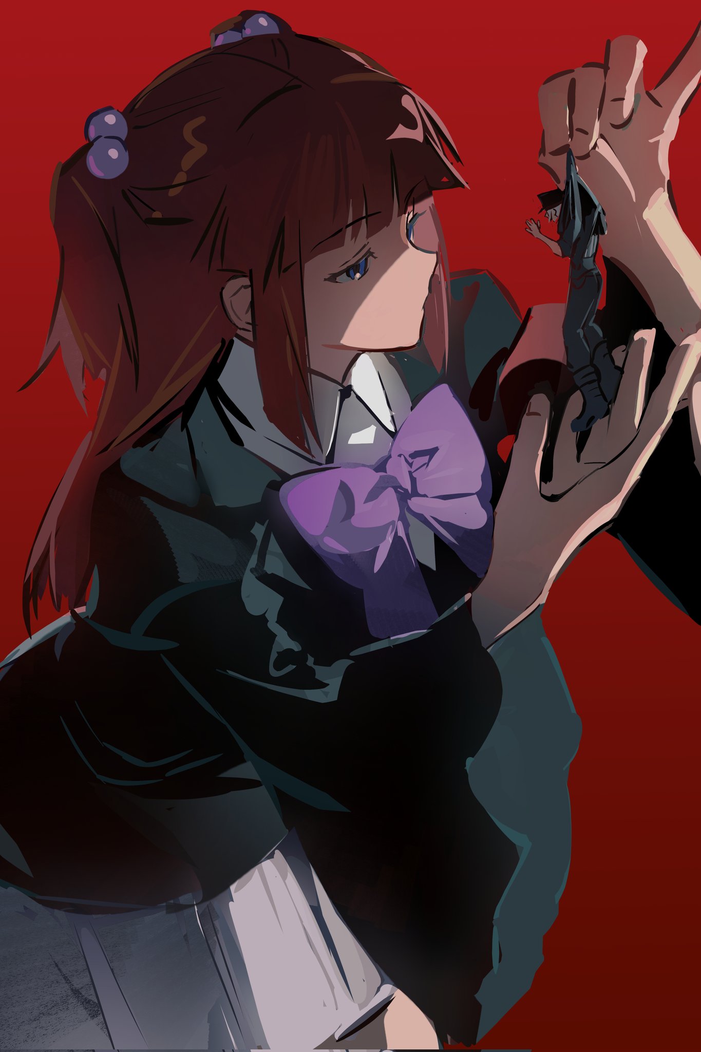 1boy 1girl amakusa_juuza black_jacket blue_eyes bow bowtie cowboy_shot fingernails highres jacket kkia long_hair looking_at_another mini_person purple_bow purple_bowtie red_background red_hair school_uniform shirt sidelocks simple_background skirt umineko_no_naku_koro_ni ushiromiya_ange white_hair white_shirt white_skirt