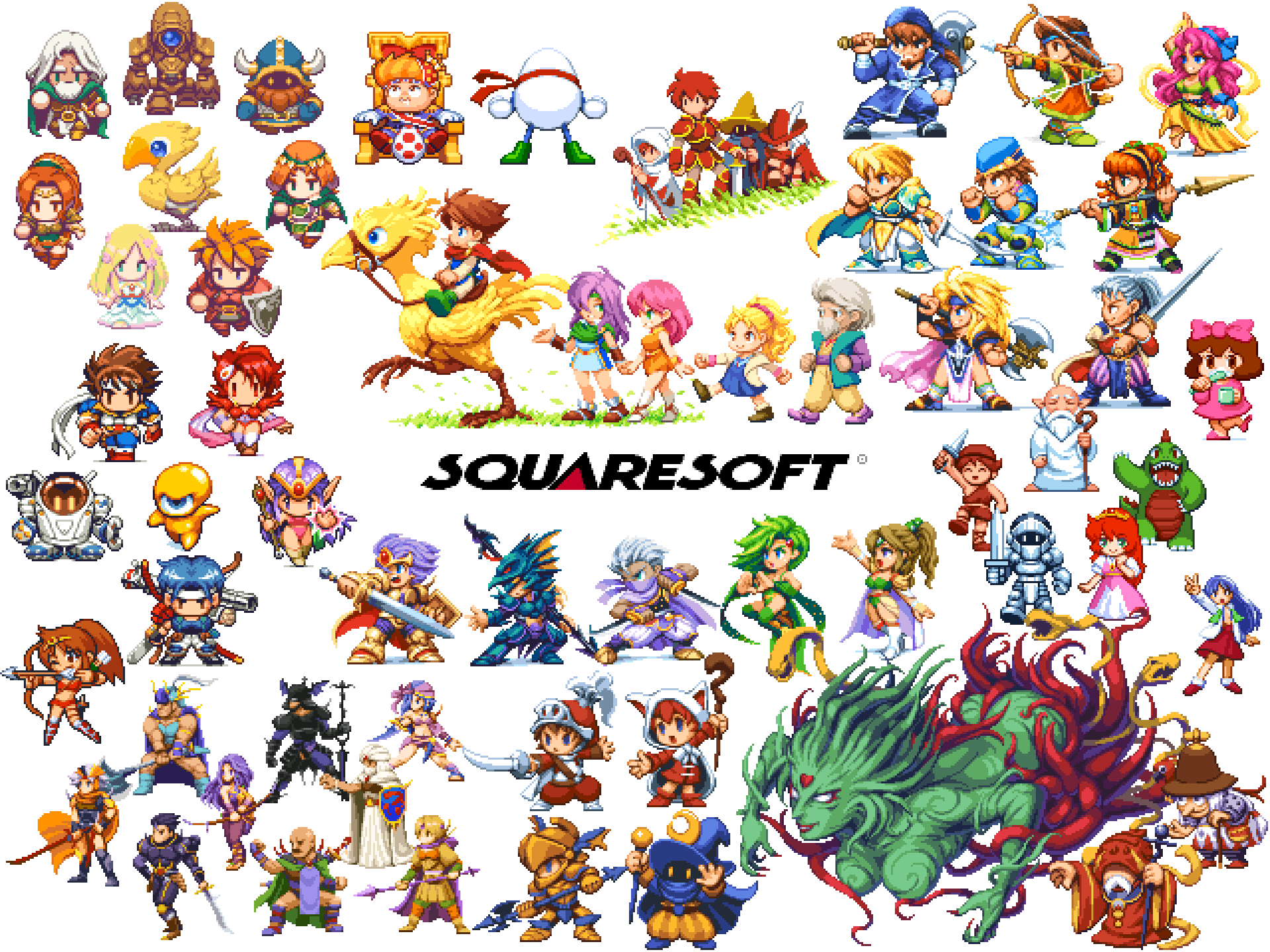 aisha_(saga) barbara_(romancing_saga) bartz_klauser black_mage blonde_hair blue_eyes boots breasts brown_hair cape cecil_harvey character_request chocobo closed_mouth cloud_of_darkness company_connection dragoon_(final_fantasy) dress edward_geraldine esper_(saga) faris_scherwiz final_fantasy final_fantasy_ii final_fantasy_iii final_fantasy_iv final_fantasy_v firion galuf_halm_baldesion green_eyes highres human_(saga) jewelry kain_highwind king's_knight knight_(final_fantasy) krile_mayer_baldesion_(ff5) lenna_charlotte_tycoon long_hair looking_at_viewer maria_(ff2) multiple_boys multiple_girls onion_knight open_mouth pink_hair pixel_art pixelflag ponytail purple_hair red_mage romancing_saga rosa_farrell rydia_(ff4) saga saga_1 saga_2 saga_3 sharon_(saga) short_hair simple_background skirt smile teacher_(saga_2) weapon white_background white_mage