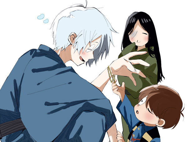 1girl 2boys black_hair brown_eyes commentary_request family father_and_son gegege_no_kitarou grey_hair husband_and_wife iwako_(gegege_no_kitarou) japanese_clothes kitarou long_hair medama_oyaji medama_oyaji_(human) mother_and_son multiple_boys one-eyed seinairi0629 short_hair simple_background smile toddler upper_body white_background
