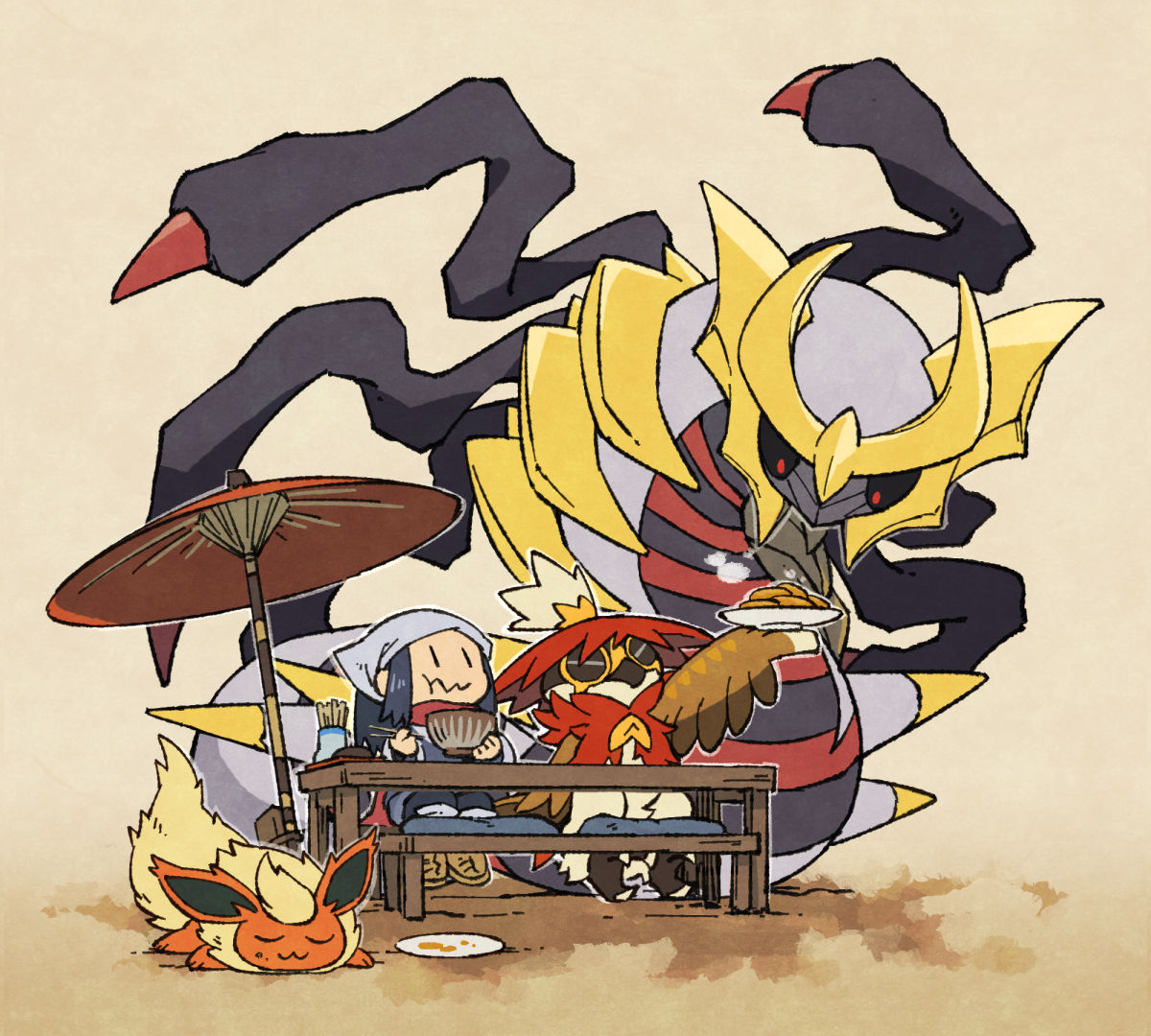 1girl akari_(pokemon) bowl chopsticks closed_mouth eating flareon fuifui giratina head_scarf hisuian_decidueye holding holding_bowl holding_chopsticks holding_plate long_hair plate pokemon pokemon_(creature) red_scarf scarf shoes sitting sleeping solo table umbrella |_|